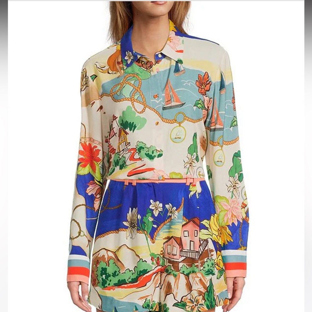 NWT Antonio Melani Polina Linen Blend Ocean Print Button Front Collar Blouse